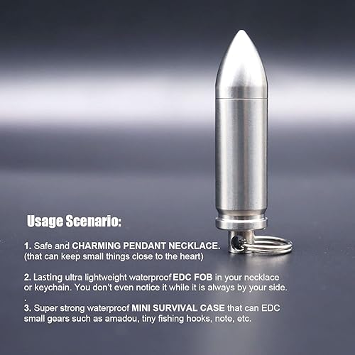 Miniatura 7 de Haxtec Pequeña caja de pastillero de titanio, collar de bala Nitro Mini resistente al agua, soporte ligero de supervivencia, llavero, botella de