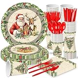 140 Pcs Christmas Party Supplies Set, Disposable Dinnerware Set for 20 Guests Includes 7 & 9 Inch Santa & Reindeer Paper Plates, Napkins, Cups, Forks, Spoons, Knives for Holiday Tableware