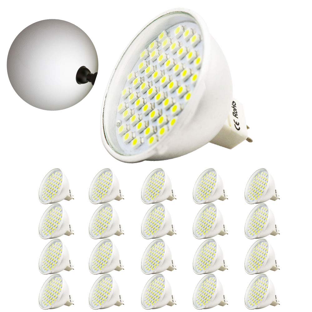 Juego de 20 bombillas LED MR16 de color blanco frío, 12 V, 5 W, repuesto para bombillas halógenas de 50 W, 6000 K, 420 lúmenes, ángulo abstracto de 120°, no regulable, diámetro de 49 x 49