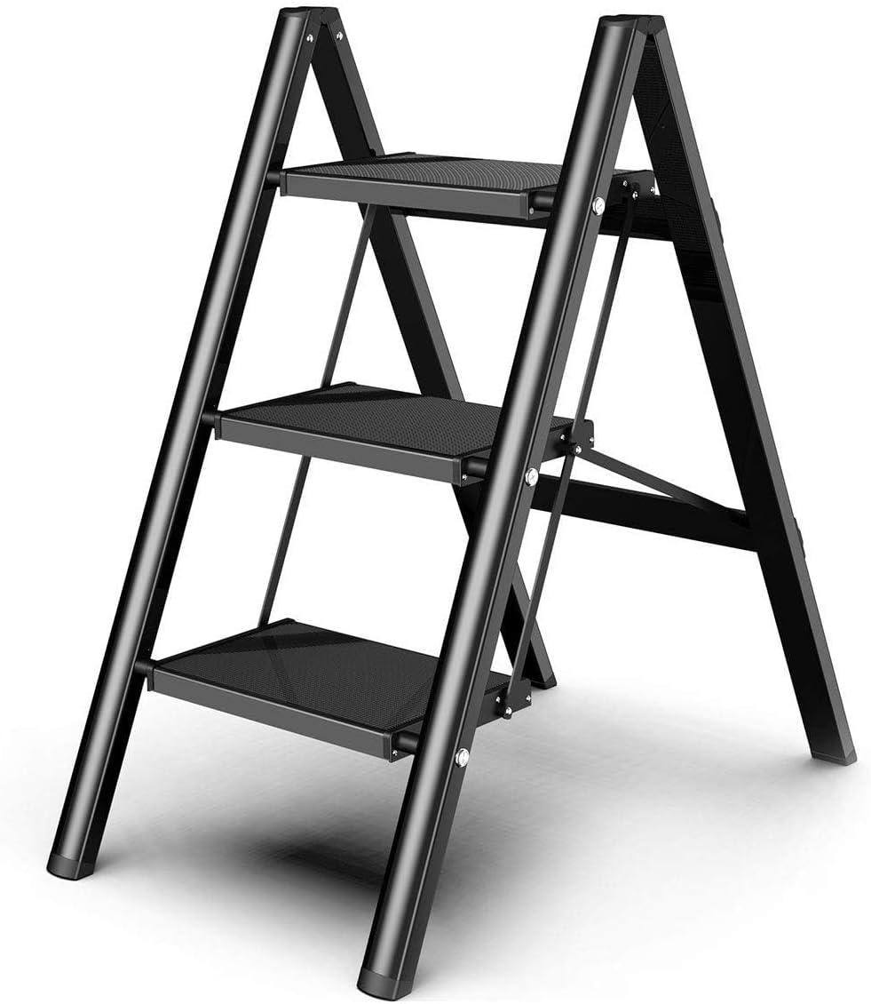 Step Stool 3-Step Ladder with Wide Anti-Slip Pedal Convenient Handrail Ultra-Lightweight Design 300lbs Load Capacity for Household, Kitchen & Office Tasks Step Stool