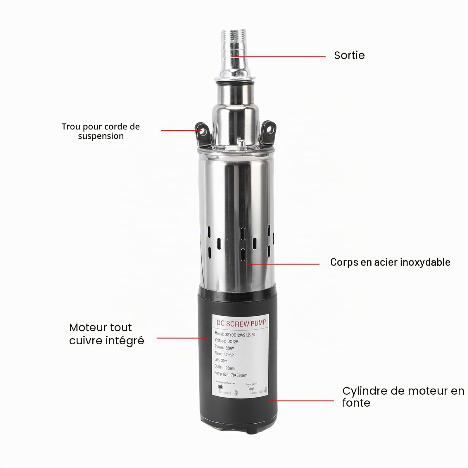 Ausla Pompe de Puits 12 V, Pompe à Eau Submersible en Acier Inoxydable avec 30 M de Levage 1,2 M3 H, Câble d'alimentation de 7 M, Sortie NPT 3 4 Pouces pour Panneau Solaire ou Utilisation de l'Eau