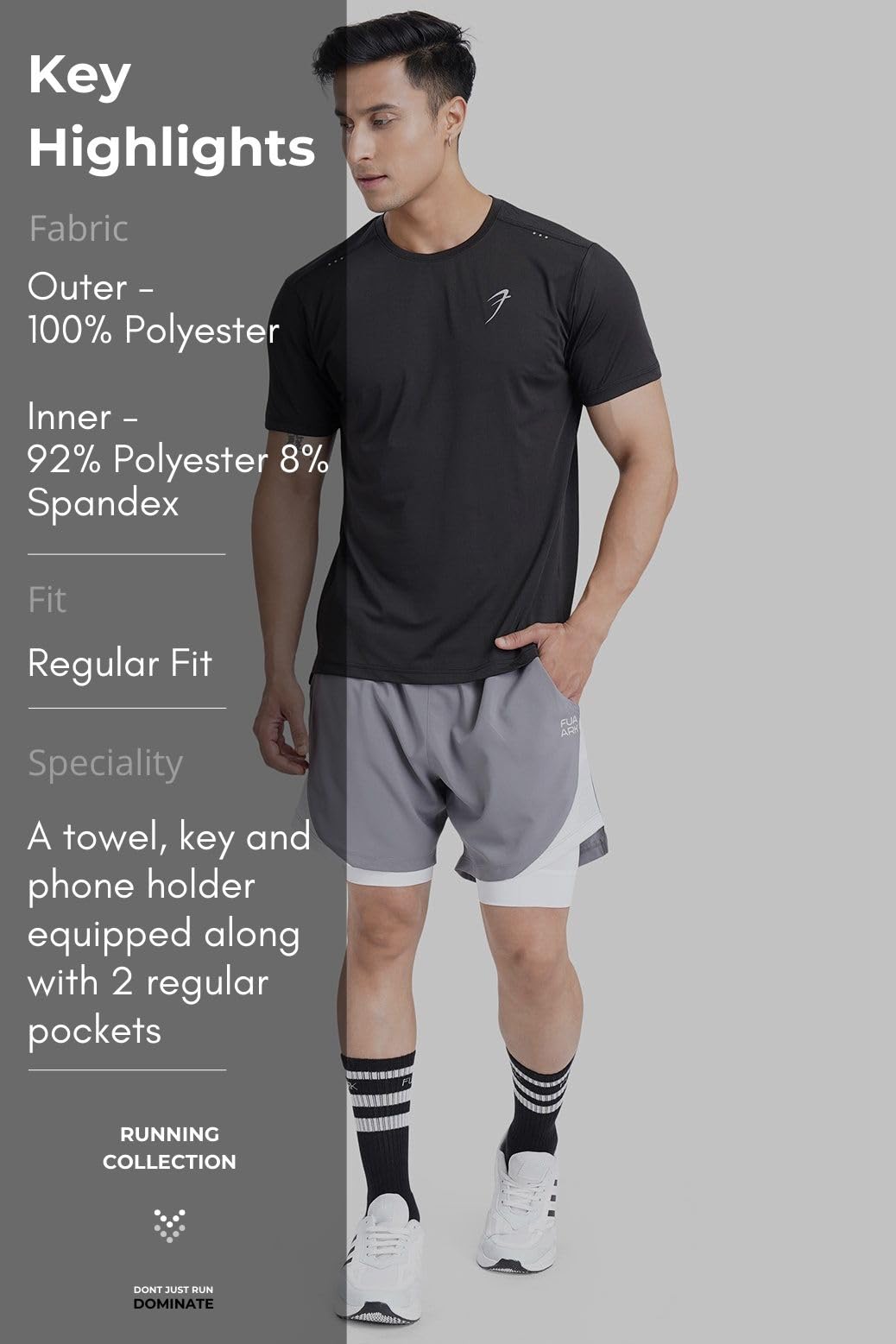 FUAARK 2 in 1 Compression Shorts for Men for Gym, Sports, Running & Cycling Activities with Pocket (Grey with White, L) 4