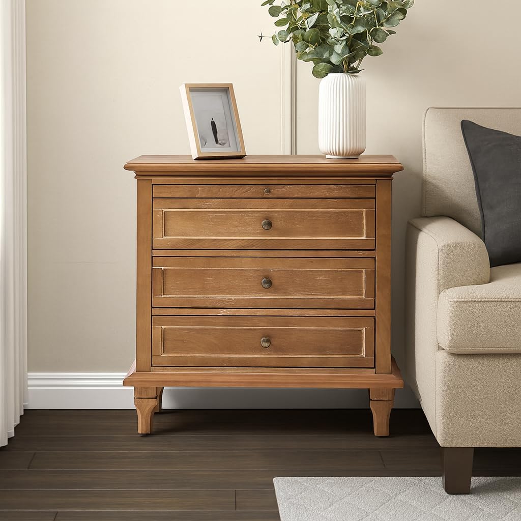 Farmhouse 3 Drawer End Table with Tray, Drawer Organizer with Solid Wood Legs, End Table with Charging Station(Acorn)
