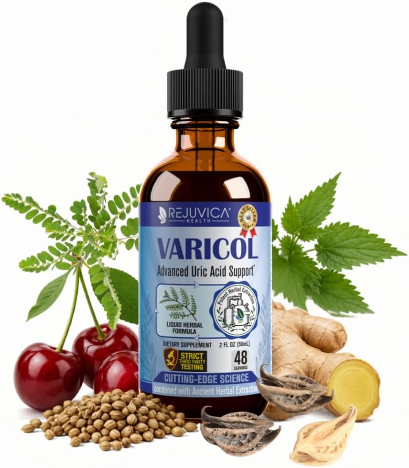 Varicol - Uric Acid Support Liquid Drops - Comfortable Joint & Kidney Support with Tart Cherry, Chanca Piedra, Celery Seed + Ginger Extract Complex - Vegan, Sugar-Free Supplement - 2 fl oz