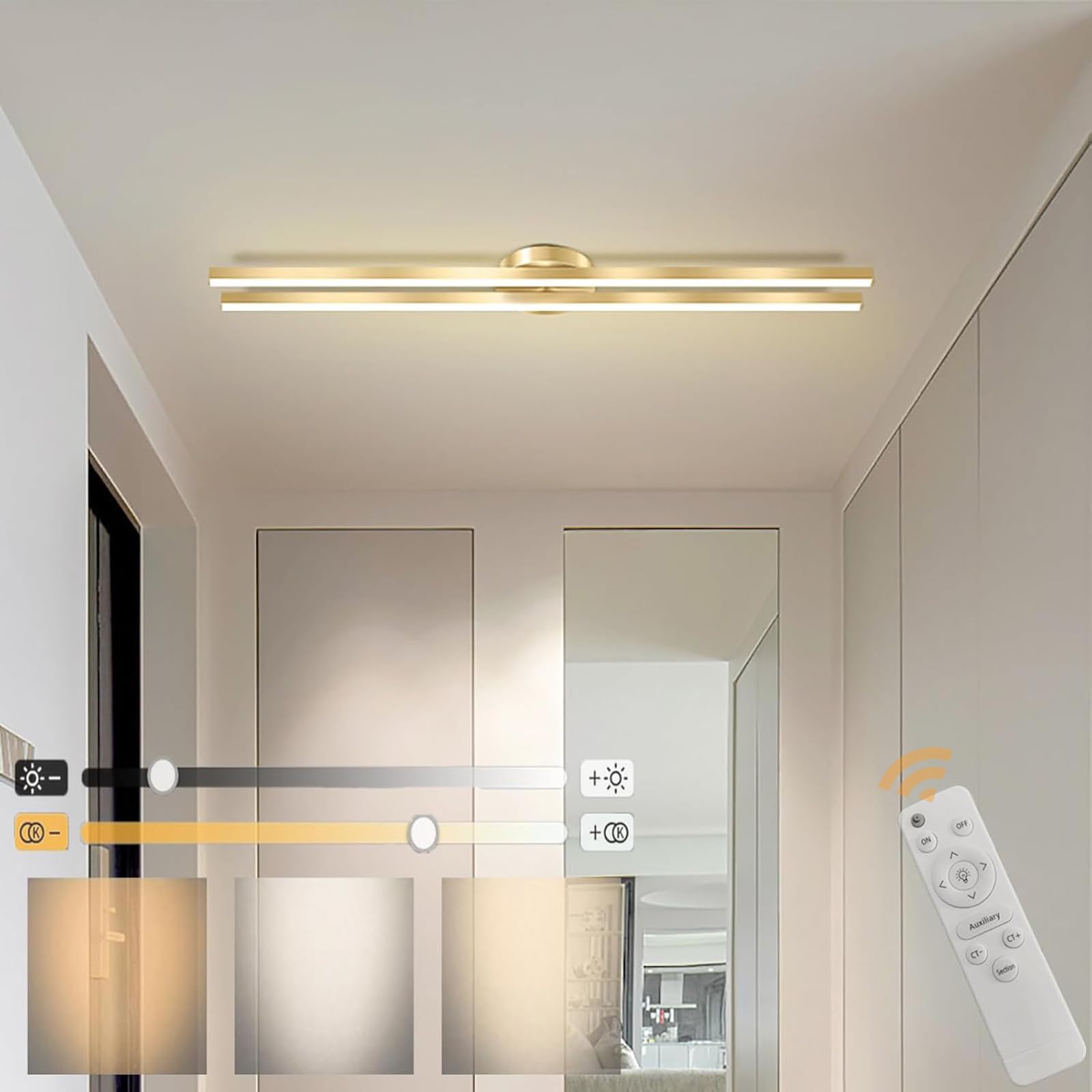 Plafonnier LED moderne rectangle doré 120cm 48W avec télécommande - 8