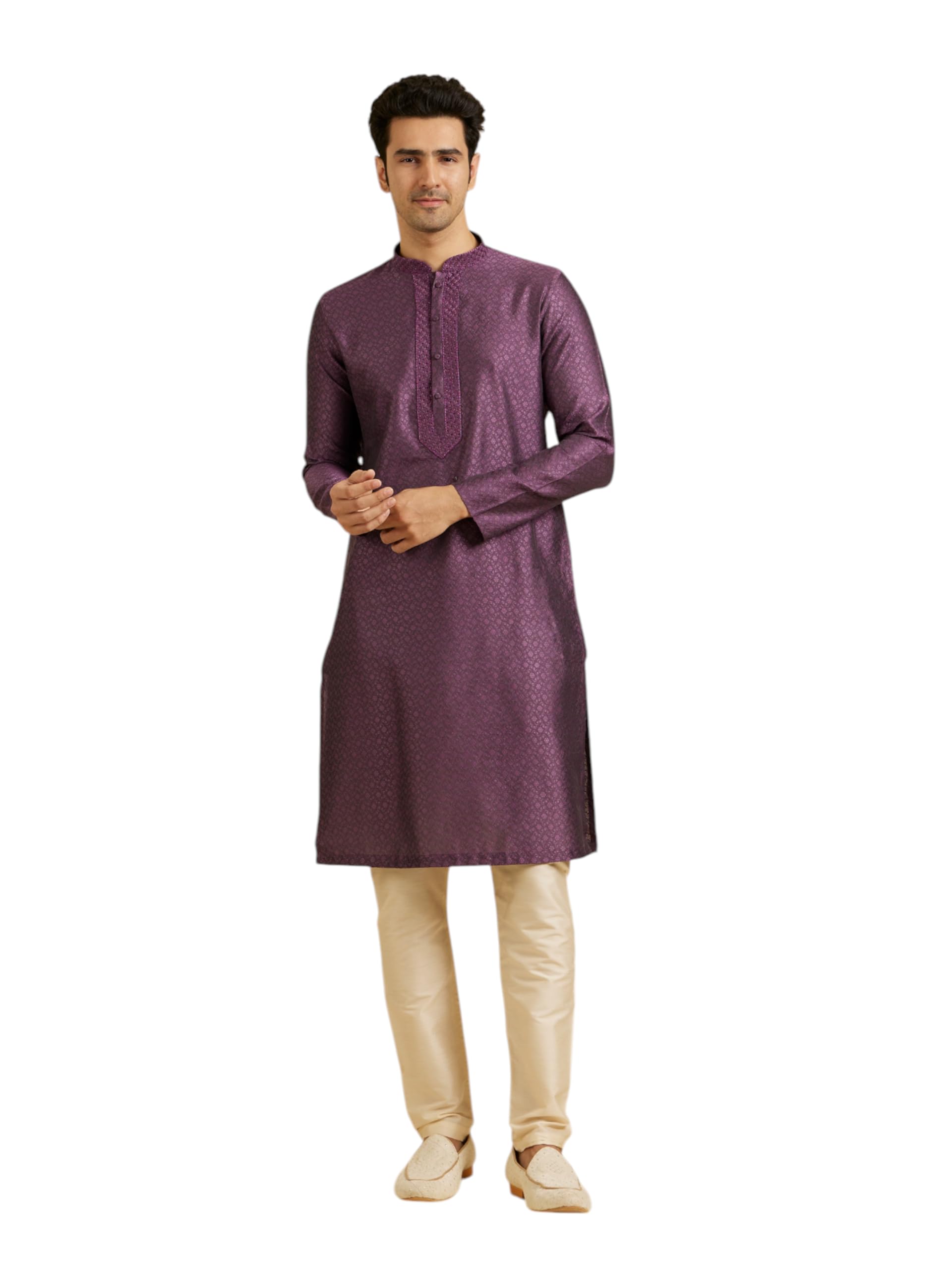manyavar Men's Viscose Blend Embroidered Neckline Kurta Pyjama Set (2pcs)-picture-22