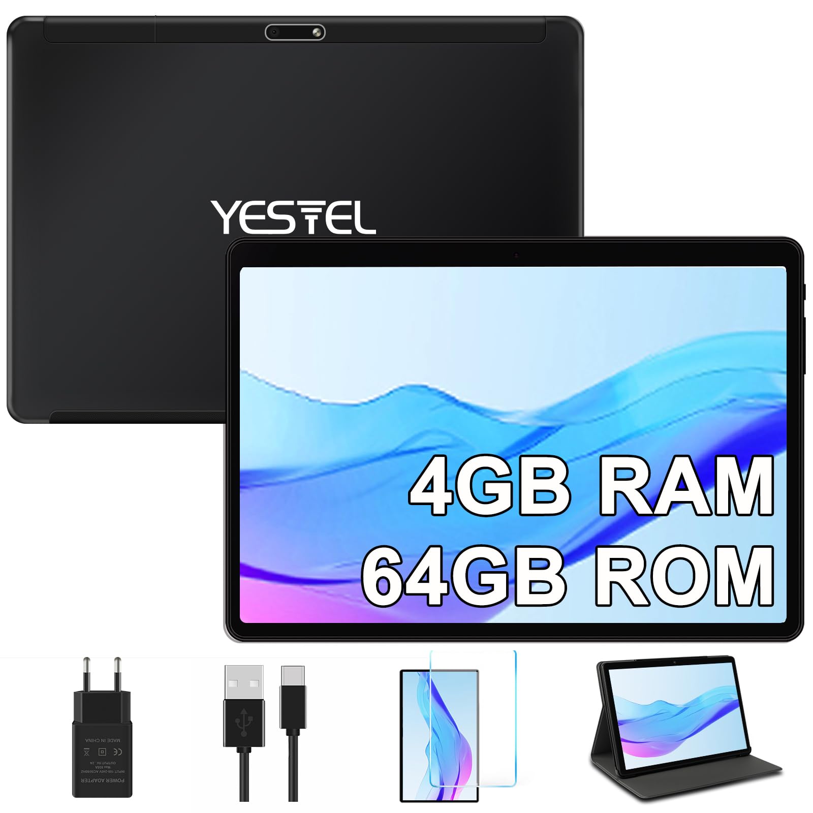 YESTEL Tablet 10 Pollici con Custodia, Android HD Tablet con 4 GB RAM 64 GB ROM 1TB Espandibili, Batteria 8000mAh, 5 MP + 8 MP, WiFi | Bluetooth | OTG, Nero