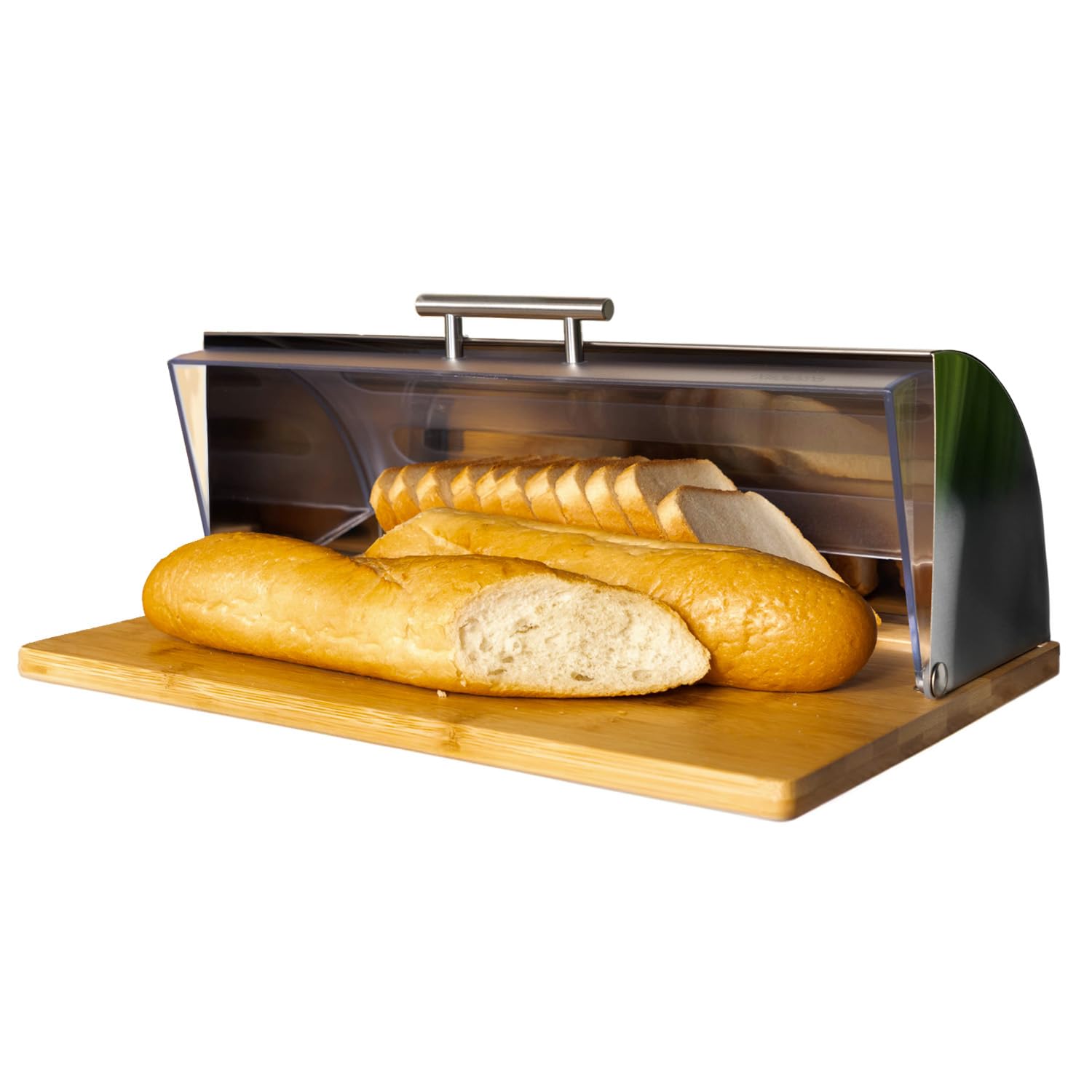 Avilia Portapane da Cucina Moderno con Coperchio Trasparente, Contenitore per il Pane in Acciaio e Bambù 39x14.5x28.5cm - Elegante e Durevole, Ideale per Conservare il Pane Fresco