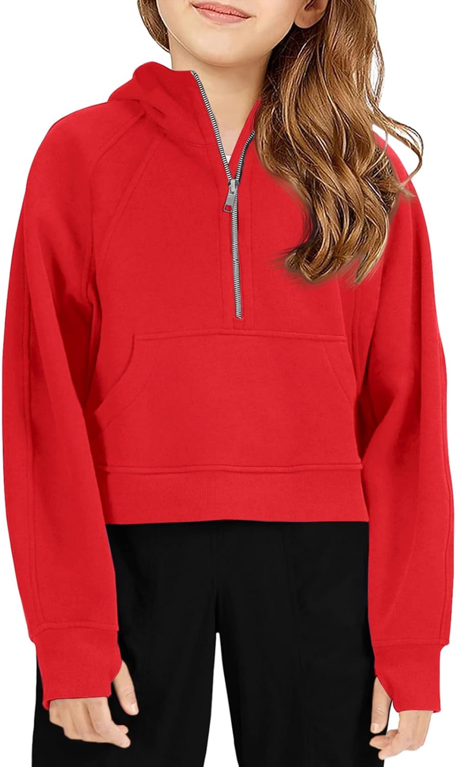 Girls Half Ziper Collar Cropped Hoodies Long Sleeve Fleece Zip Up Pullover Sweatshirts