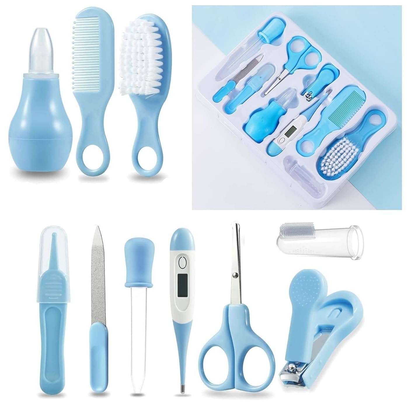 Roseleaf Grooming Kit, Portable Baby Safety Care Set with Hair Brush Comb Nail Clipper Nasal Aspirator etc for Nursery Newborn Toddlers Infant Girl Boys Keep Clean Baby Care Kit (Blue)-image-6