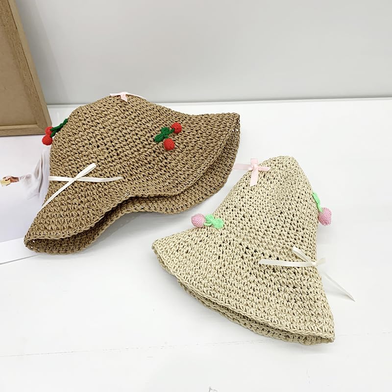 Sombrero de Paja de ala Ancha para Mujer,Plegable,Flexible,Ligero,con Lazo de Cereza,Transpirable,para Playa,para Caminar y Viajar