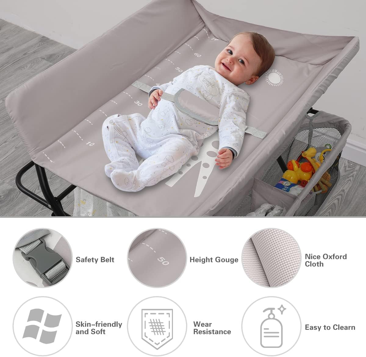 Mesa For Cambiar Pañales Plegable For Bebés Con Almacenamiento Sobre Ruedas, Cambiador Móvil For Lactancia Infantil Mesa De Altura Ajustable For El Cuidado Del Recién Nacido Masaje Con Bolsa(Grey)