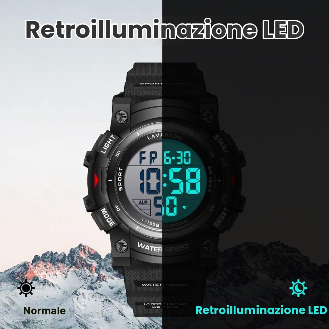 Timever Orologio Digitale Uomo 5 ATM, Silicone, Sveglia e Cronometro | Cinturino in silicone, sveglia, cronometro, data e luce; modello sportivo da uomo resistente all’acqua fino a 5 ATM.