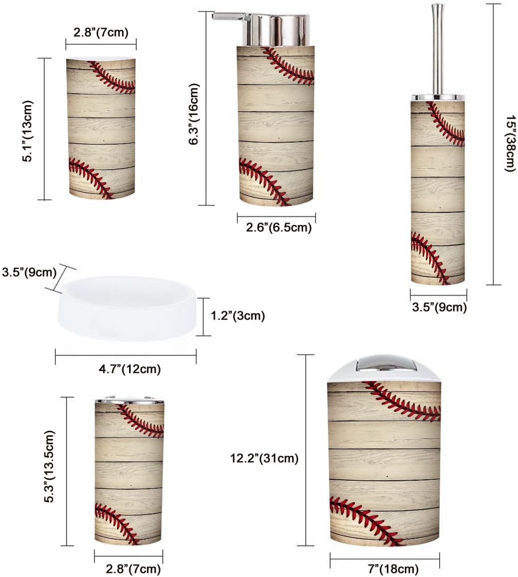 Bathroom Accessories Set 6 Pcs Baseball Cool Sports Lace Funny Baseball Vintage Wooden Boards Toothbrush Holder Cup Soap Dispenser Soap Dish Toilet Brush Holder Trash Can for Countertop Decor