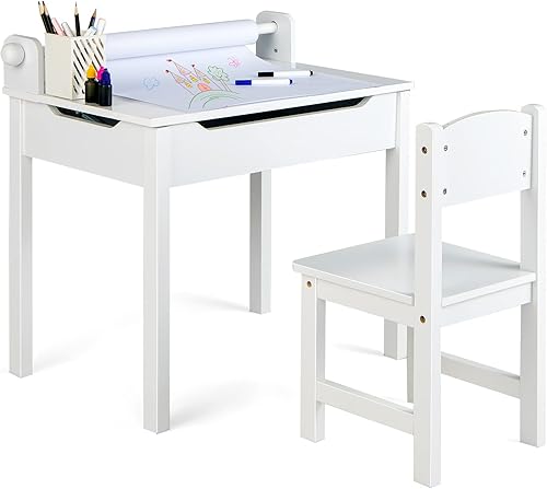 Costzon Juego de mesa y silla para niños, mesa de manualidades con tapa abatible para niños con silla para sala de juegos, jardín de infantes, juego