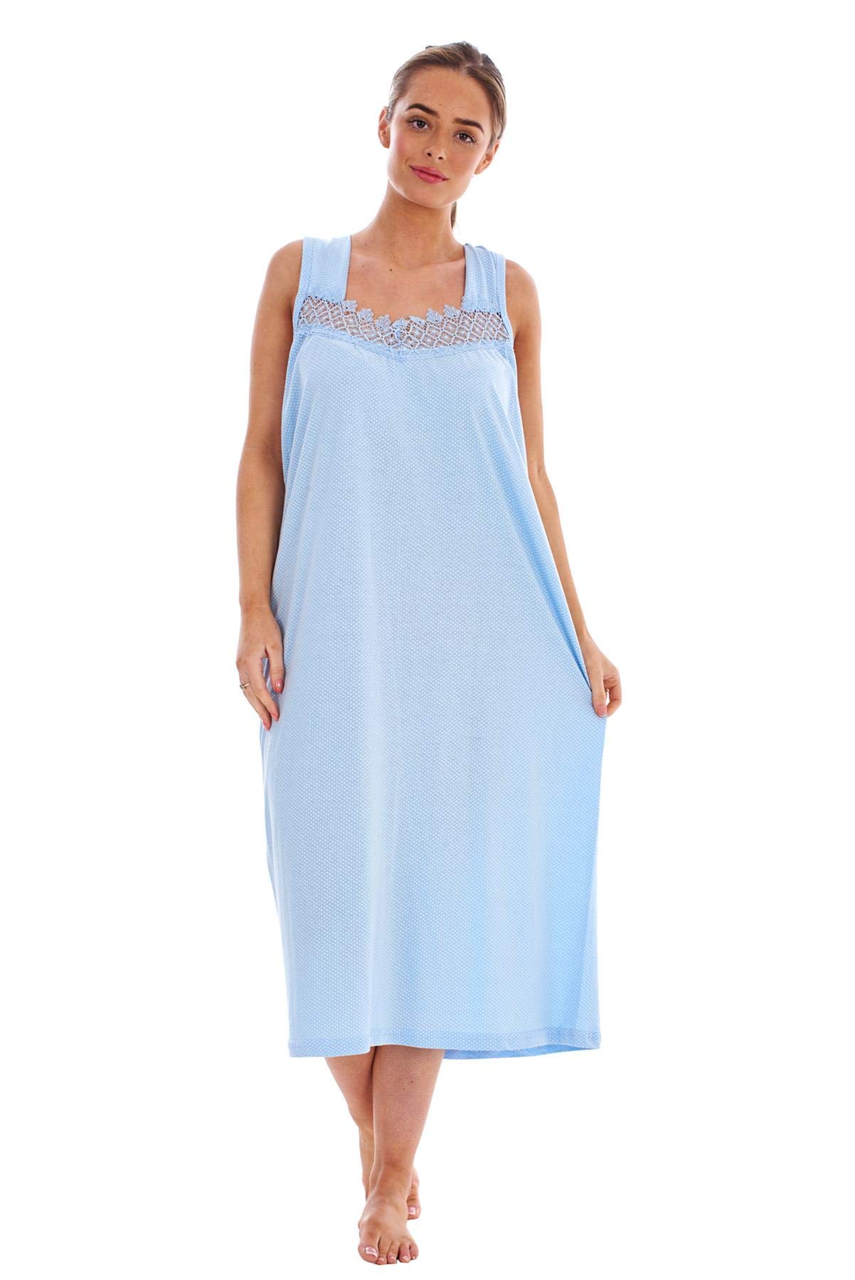 Malay Women's Blue Polka Dot Nightdress Wide Strap 100% Cotton V-Neck Lace Long Nightshirts