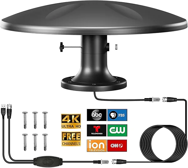 RV TV Antenna for Smart Tv Outdoor Long Range, 360° Omni-Directional Reception Digital HD TV Antenna Outdoor with Super Signal Booster, Camper, RV, Truck, Boat —32ft RG6 Coaxial Cable(Black-V087)