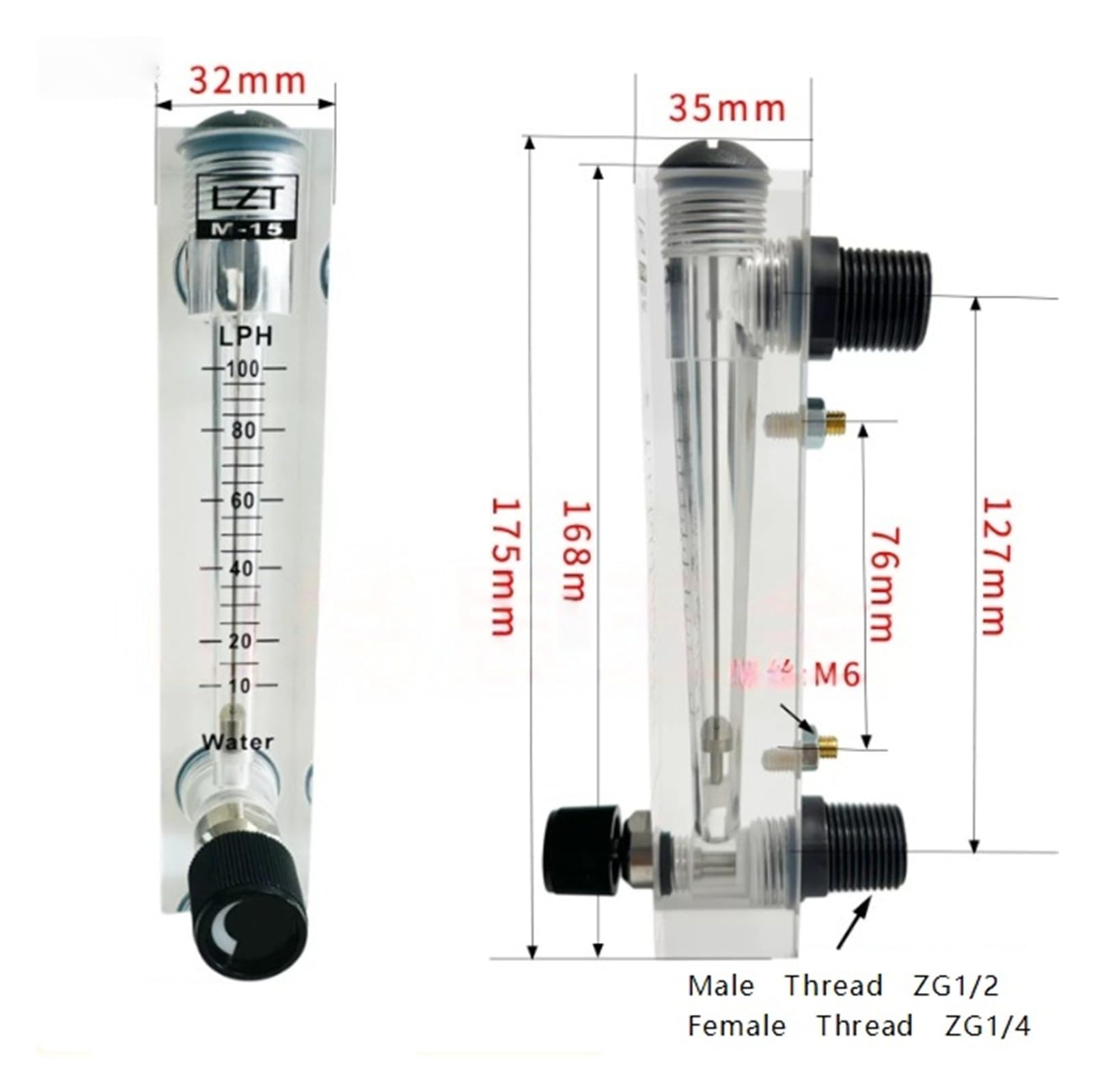 Medidor de flujo de líquido montado en panel con ajustable 10-100L/H, LZT-15T