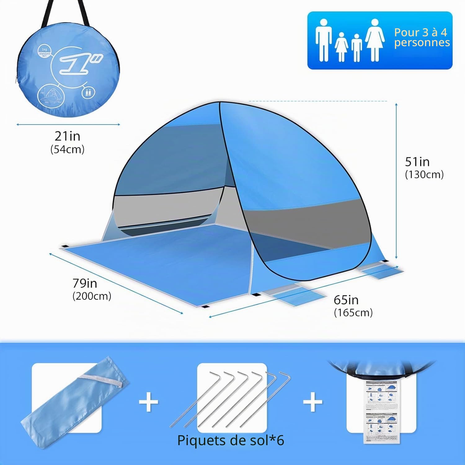 Tente de plage pop-up pour 3 à 4 personnes - Tente de plage coupe-vent pour 3 à 4 personnes - Plage familiale, camping, jardin, randonnée