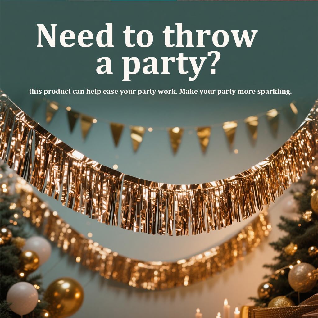 4 Pack Gold Total 40 Feet Foil Fringe Garland Metallic Tinsel Banner Wall Hanging Drapes Parade Float Skirting Decorations for Trailer Mardi Gras Party Birthday Wedding Baby Shower