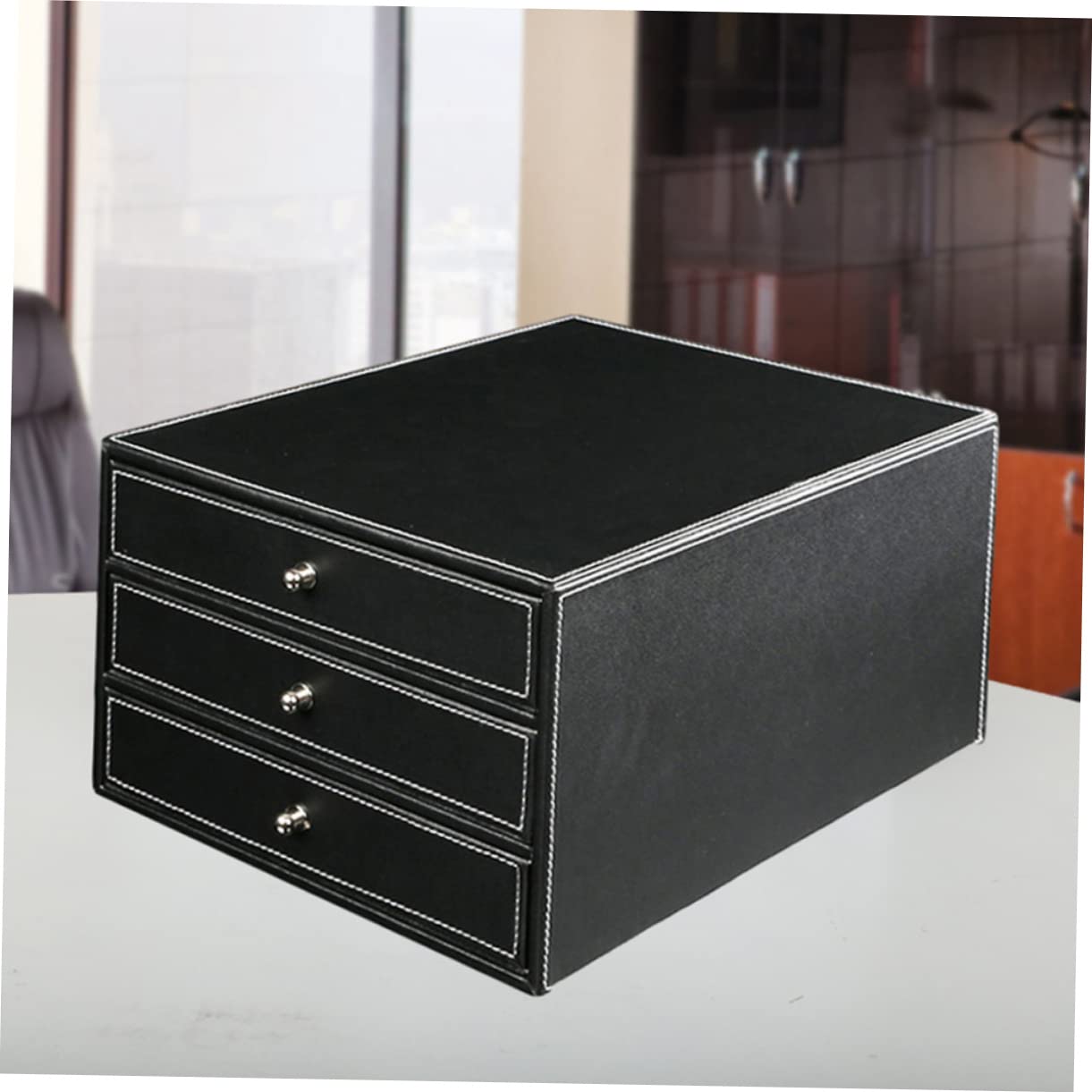 NUOBESTY Caja de Archivo de Escritorio de Cuero de Tres Capas A4 Negra | 1 Pieza, Madera y Pu, Cajón de Deslizamiento Suave, para Documentos y Objetos Sueltos en Casa o Salón