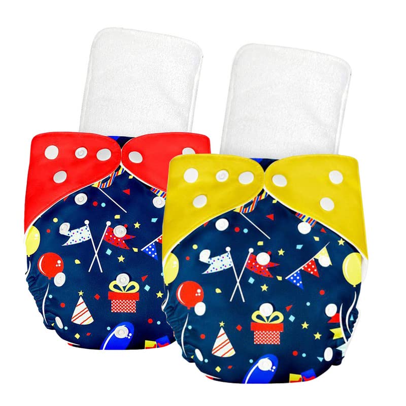 Image of Bumtum Baby Diaper | 0-3 Yrs Baby Freesize | Pack of 2, New Born Baby Diaper, Cloth Diaper, Waterproof Reusable Diaper, 5hrs Absorbency, Washable, Cotton, Extra Soft (Birthday Red + Birthday Yellow)