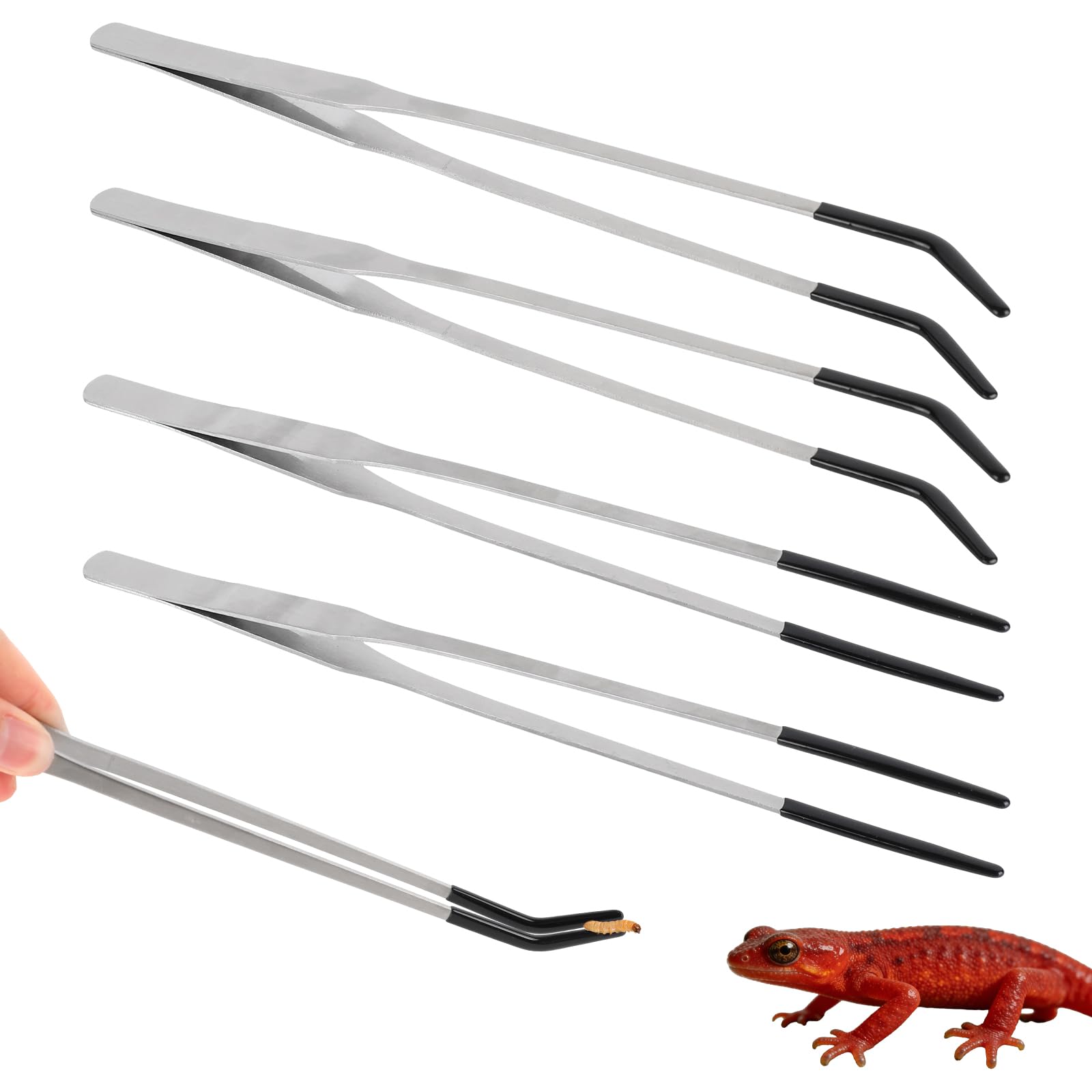 4pcs Reptile Feeding Tongs, Stainless Steel Straight Curved Reptile Feeding Tweezers with Rubber Tips for Bearded Dragons Snake Lizards Gecko - 2