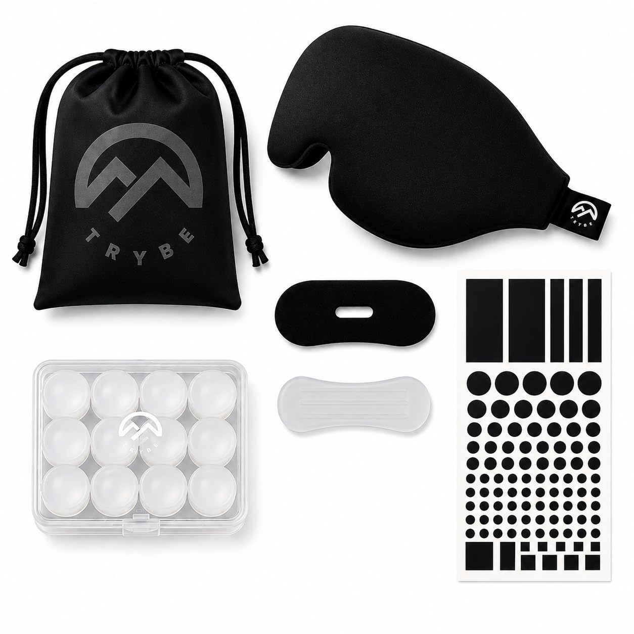 Trybe Kit de sueño, antifaz para dormir, tapones para los oídos, tiras nasales y cubiertas de luz para viajar. Bolsa para dormir y guía de respiración y sueño para viajes, hoteles, camping u hogar