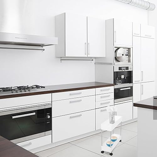 Miniatura 6 de Housoutil Carrito de almacenamiento delgado con ruedas, estantería móvil de 2 niveles, estante de plástico blanco y hierro para cocina, baño,