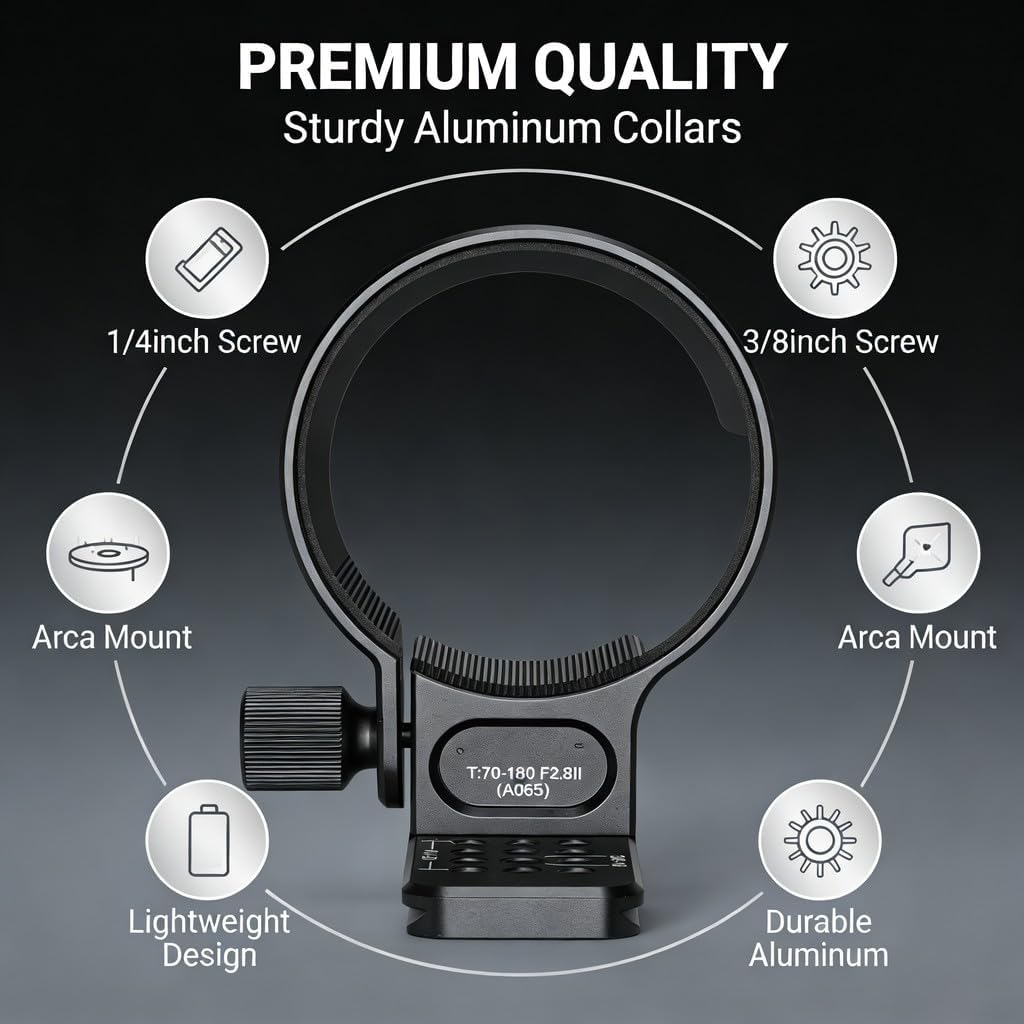 Lens Collar Tripod Mount Ring for T70 180 F2.8 Lens, 70mm Arca Type Quick Release Plate, 1/4 3/8 Inch Screw Holes - Lightweight Aluminum Alloy, Secure Balance with Safety STO