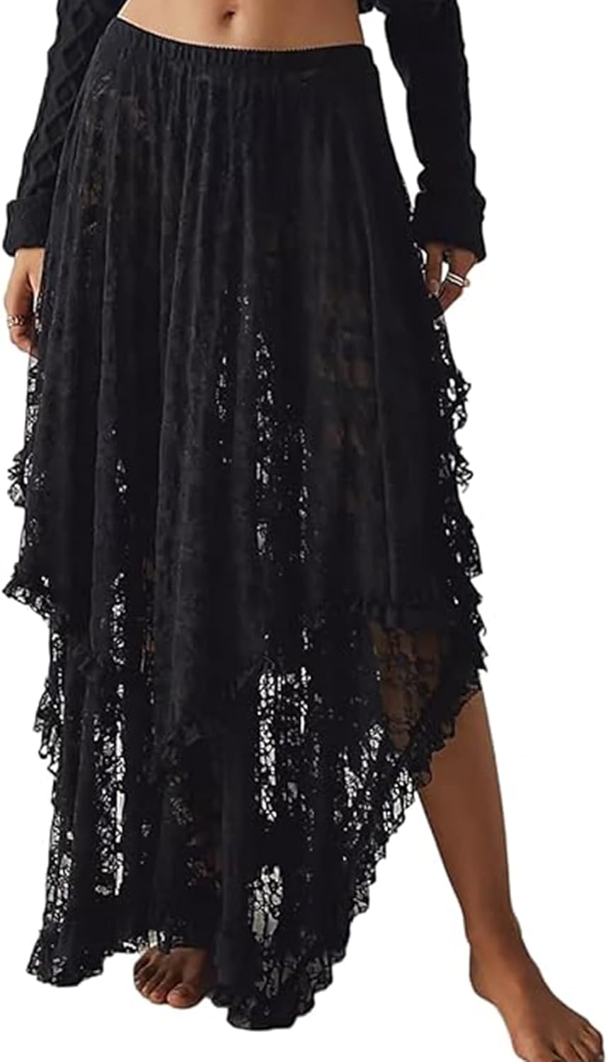 Yimoon Lace Skirts for Women Flowy Boho Maxi Skirt Elastic Asymmetrical Layered See-Through Long Skirt