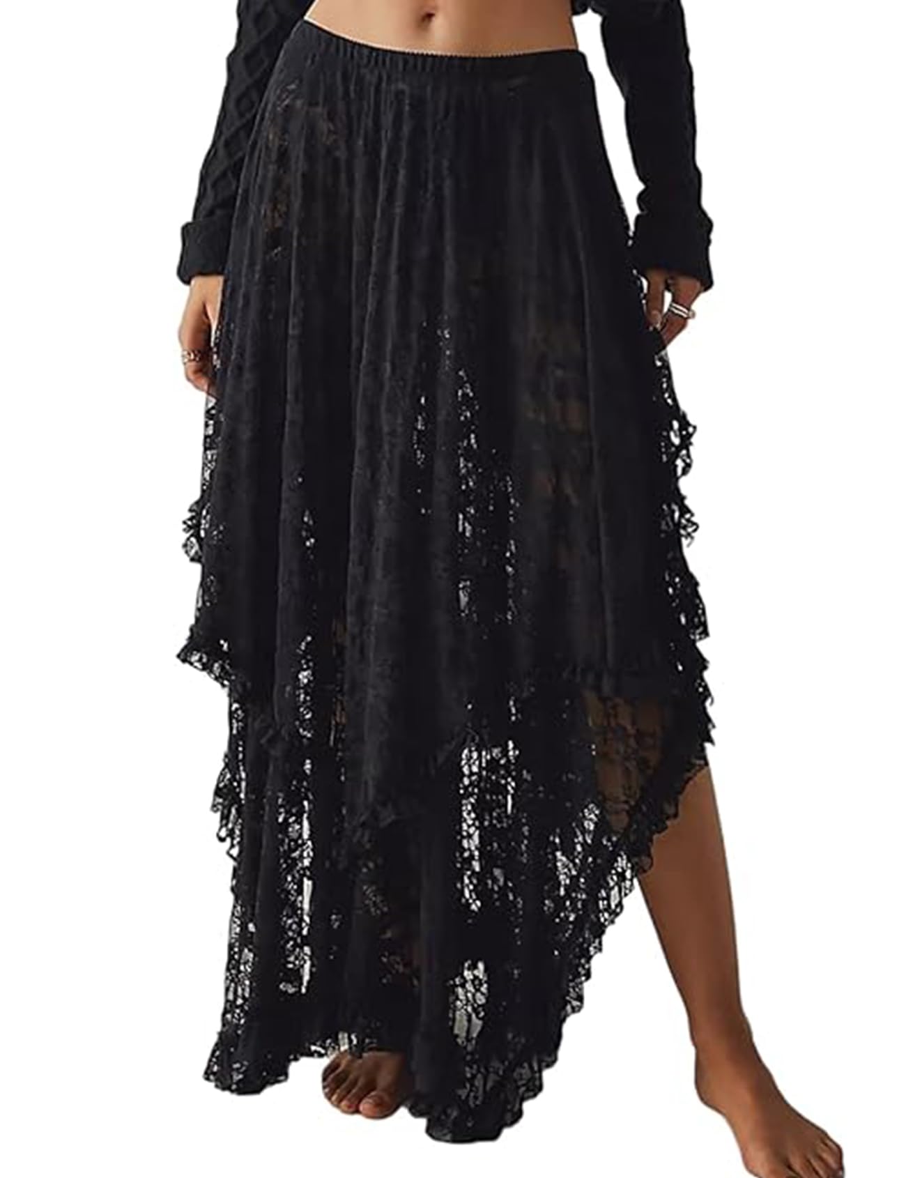 Yimoon Women's Floral Lace Long Skirts Elastic Asymmetrical Layered See-Through Maxi Skirts Sexy Sheer Flowy Beach Skirt