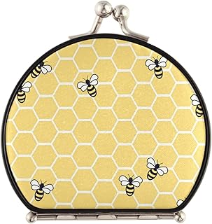 Honey Bees on Seamless Yellow Honeycomb Hexagons Texture Compact Makeup Mirror, Twin-Sided Cosmetic Mirror with 2 x 1x Magnification, Buckle Folding Mini Pocket Portable Hand Mirror
