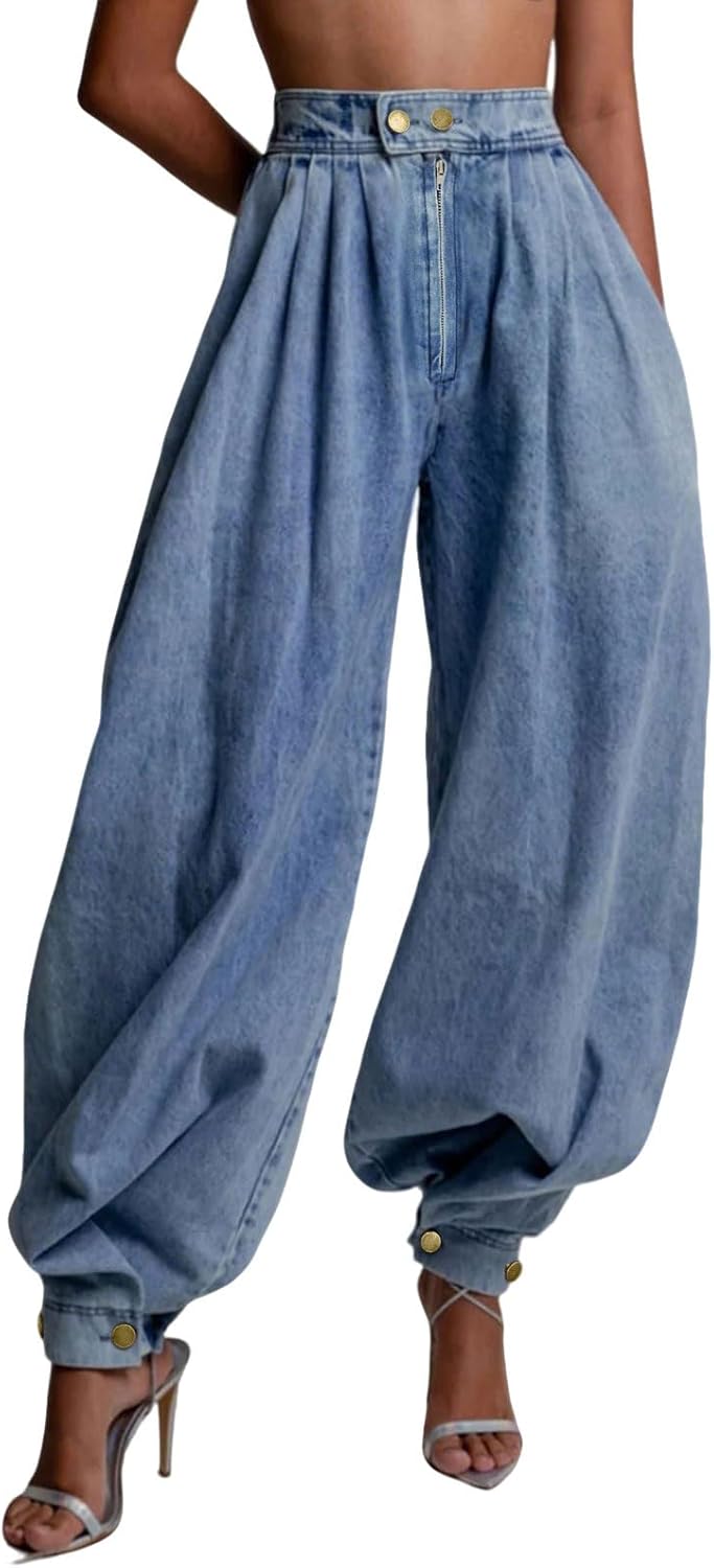 loveimgs Women Baggy Harem Jeans Joggers Denim Pants Wide Leg Jeans High Rise Sweatpants Tapered Leg Trousers