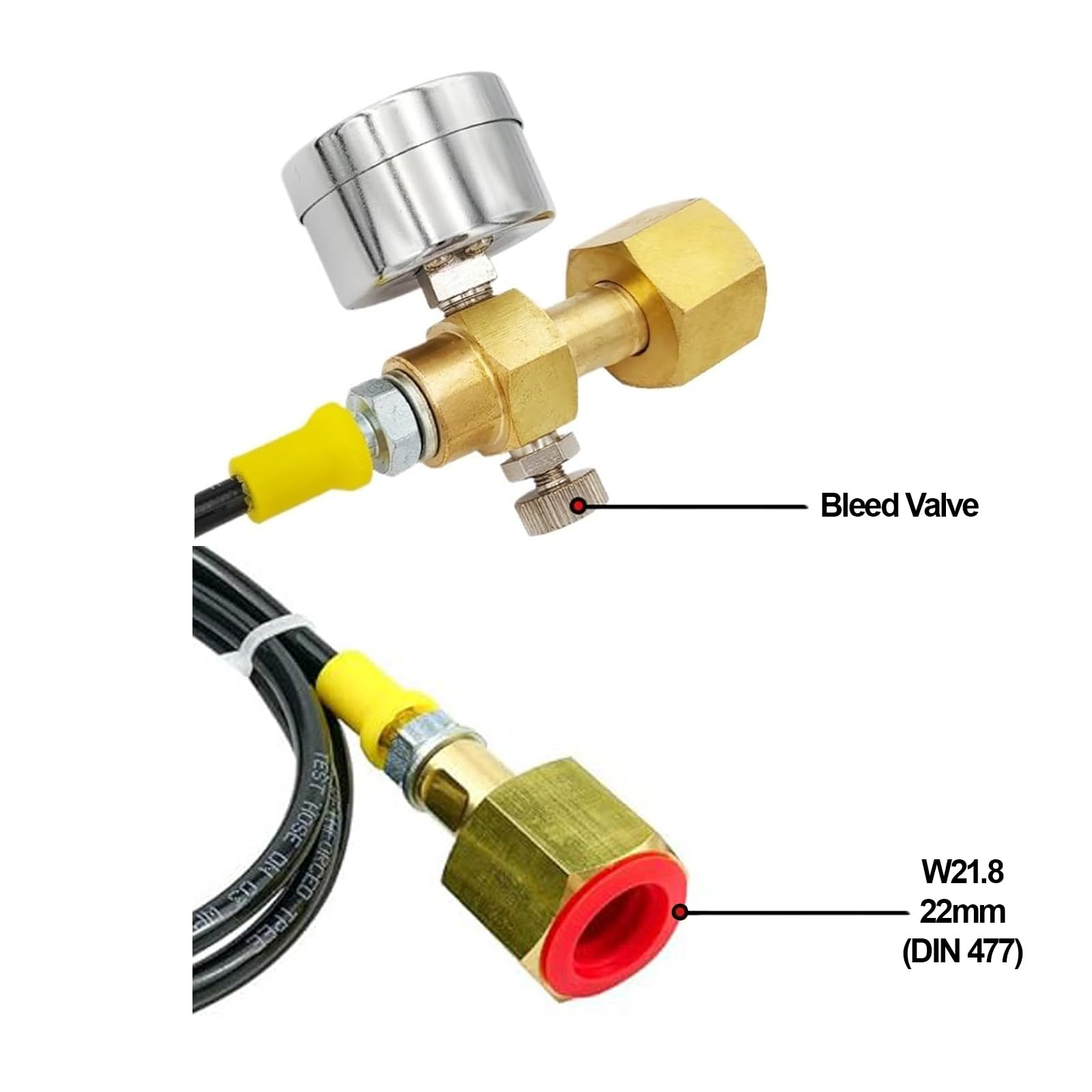 Manguera de CO2 1.5m W21.8-14 DIN477, Adaptador de Tanque de CO2 con Manómetro de 3500 PSI y Válvula de Alivio de Presión para Estaciones de Llenado de CO2 y Suministro de Argón y Nitrógeno
