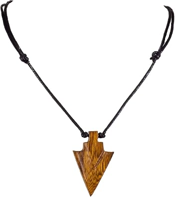 BlueRica Hand Carved Wood Arrowhead Pendant on Adjustable Black Rope Cord Necklace