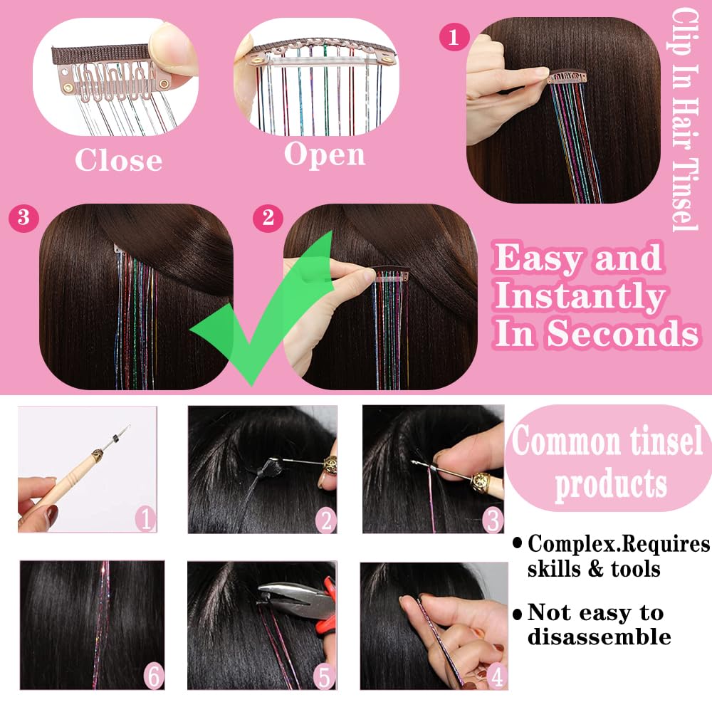 Kit de oropel para el cabello, 12 piezas de oropel con clip para niñas, 22 pulgadas, extensiones de cabello de oropel de hada con purpurina, coloridas, resistentes al calor, accesorios para fiestas 4