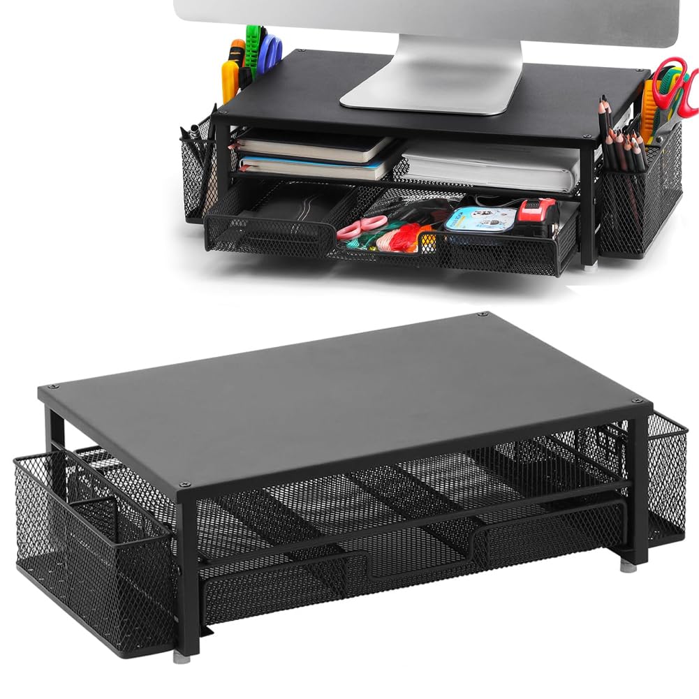 Supporto per monitor con cassetto, monitor per computer a 2 livelli con cassetto e 2 portapenne, organizer da scrivania e accessori, supporto ergonomico per accessori da ufficio (nero)