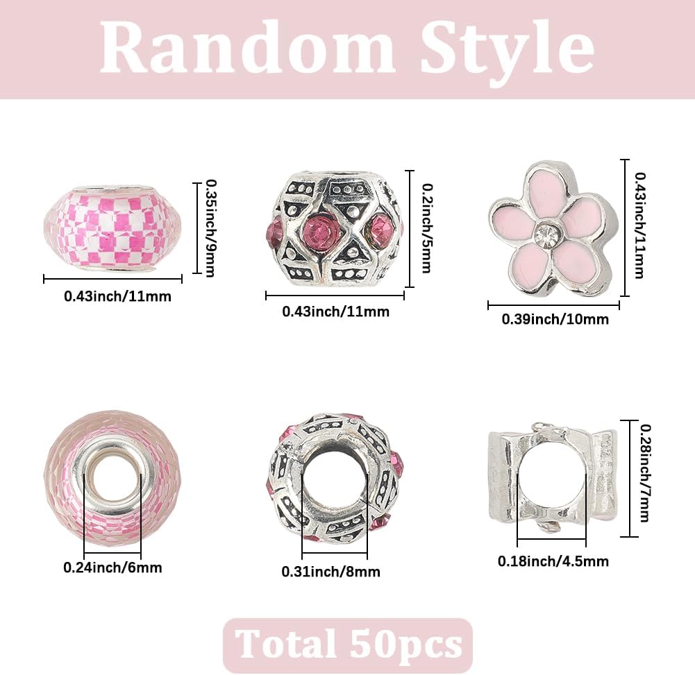 SUNNYCLUE 1 Box 50Pcs European Beads Bulk Large Hole Spacer Beads Pink Cute Rhinestone Metal Resin Random Flower Round Rondelle Spacer for Jewelry Making Charms Crafts DIY Necklaces Bracelet Supplies - Image 2