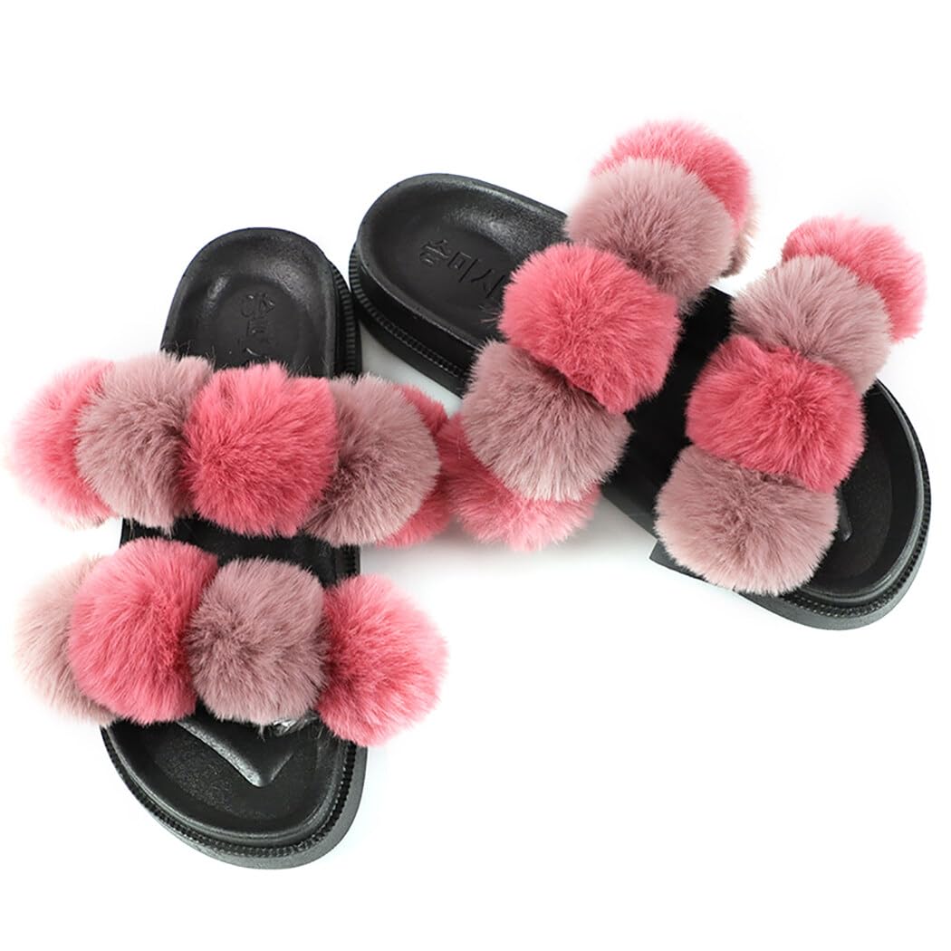 Women's Fuzzy Open Toe Slippers with Pom Pom Balls - Soft, Flat Fashion Slides for Indoor and Outdoor Use