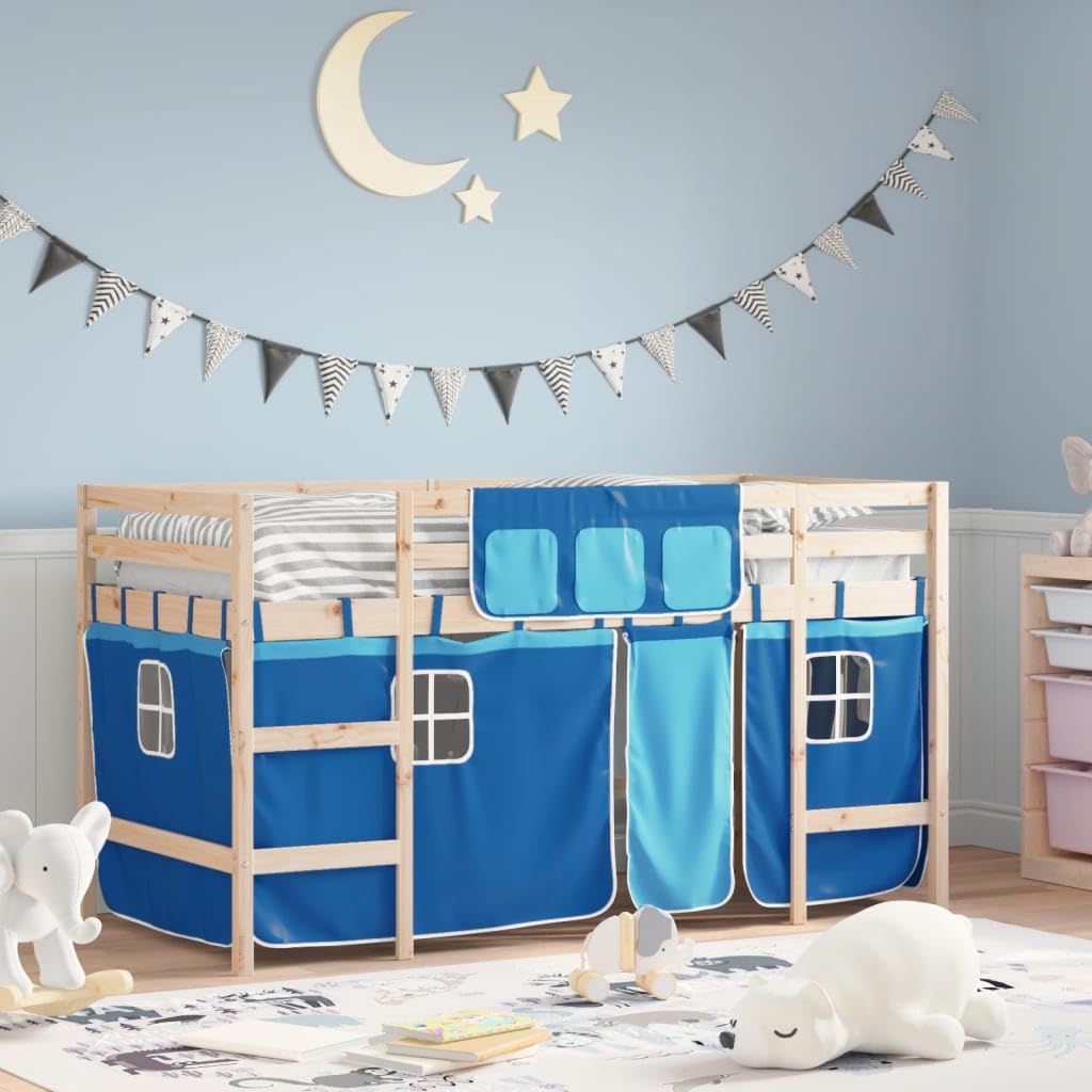 Lit Mezzanine Enfants en Bois de pin Massif avec Rideaux Bleu 80x200 cm, Structure Stable, Espace Rangement optimisé, échelle sécurisée pour Chambre Enfant ado garçon Fille