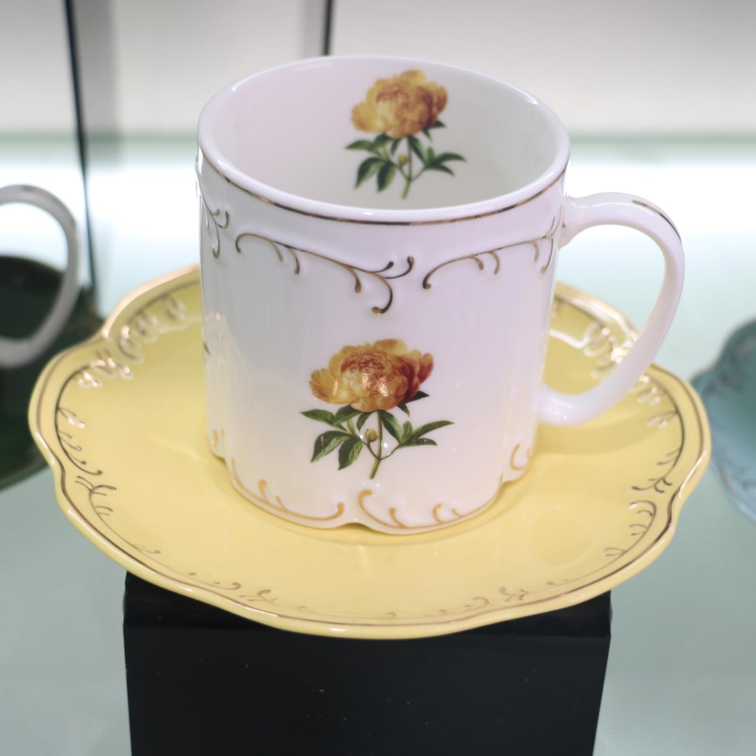 GuangYang Elegant Embossed 8 oz Tea Cups Set of 6, Color Glazed and Fancy Floral Pattern (Perfect Size for Tea, Cappuccino,Chocolate Drinks etc.)