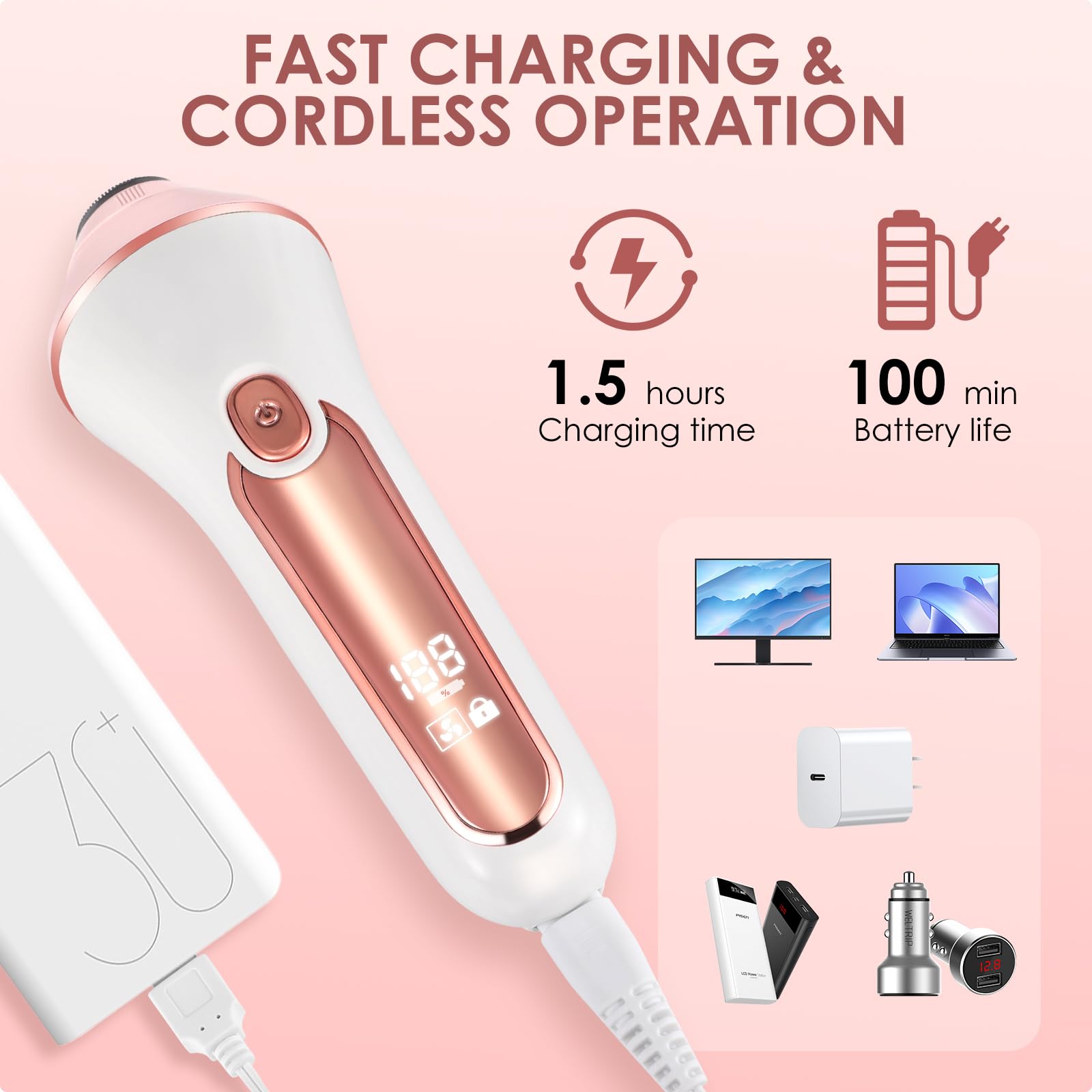 Epilatore Elettrico 6 in 1 Donna Viso Senza Fili - Display LED Ricaricabile Wet and Dry Con Spazzola Esfoliante, Pulizia e Testa Massaggio (Rosa)