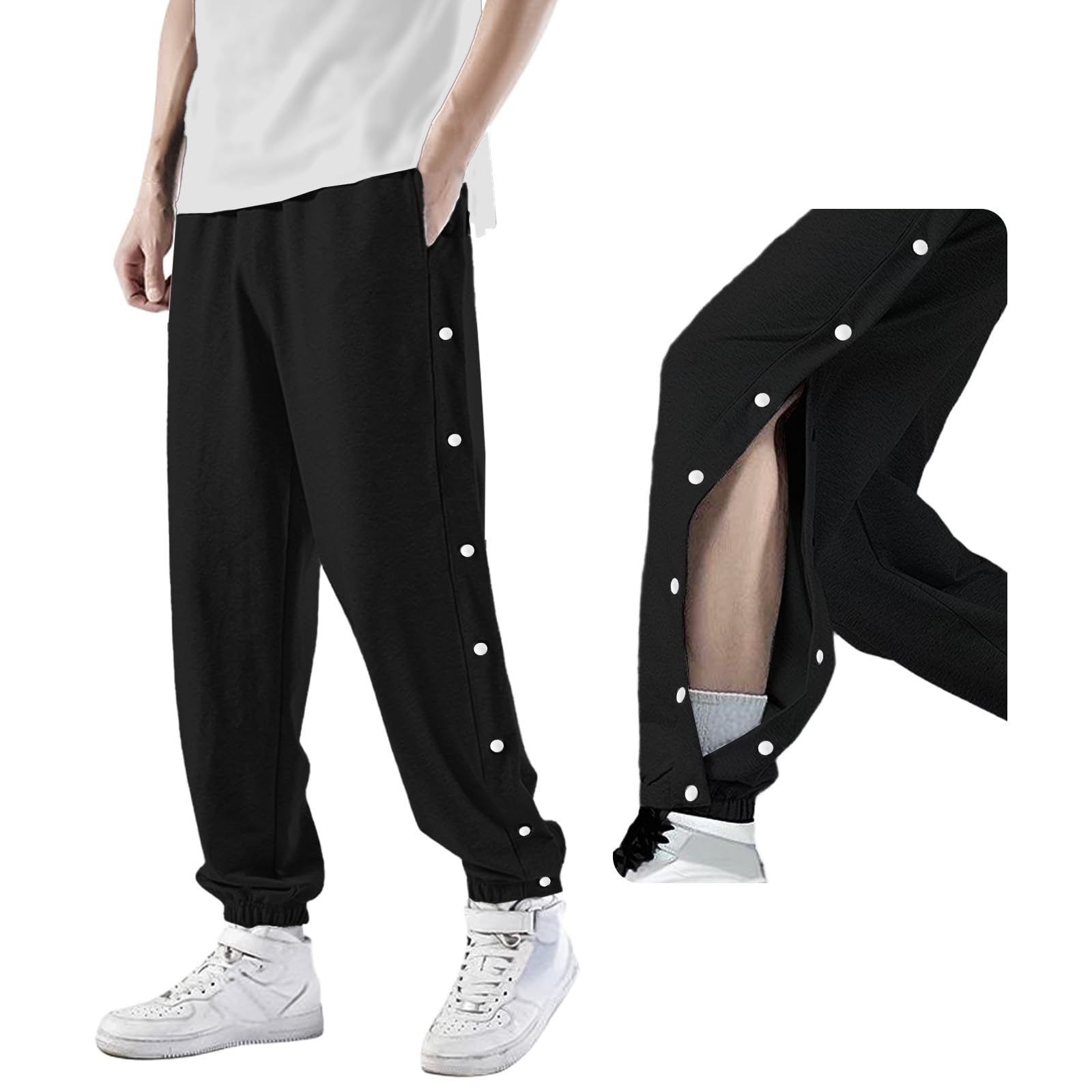 Reha Broek voor heren, zijdelingse opening, comfortabele joggingbroek, baggy met elastische tailleband, trainingsbroek, fysiotherapie en vrije tijd, zwart, S-L