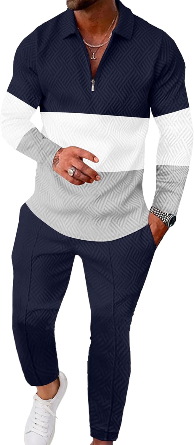 UOUA Mens 2 Piece Set Casual Outfits 1/4 Zip Polo Long Sleeve Shirt & Pants Track Suit Loungewear Athletic Sweatsuit