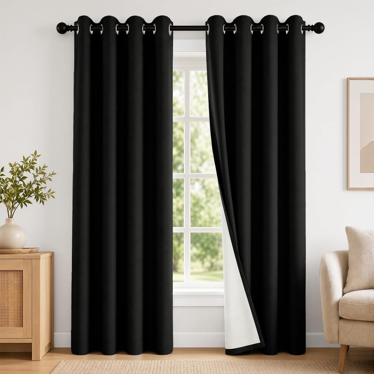 2 Panels 100% Blackout Curtains, Midweight Grommet Drapes