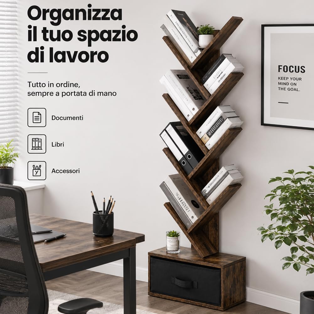 BAKAJI Libreria Scaffale 10 Ripiani Inclinati in Legno MDF con Cassetto in Tessuto, Scaffalatura con Design Moderno per Soggiorno, Salotto, Casa, Ufficio, Dimensione 149 x 38 x 20 cm