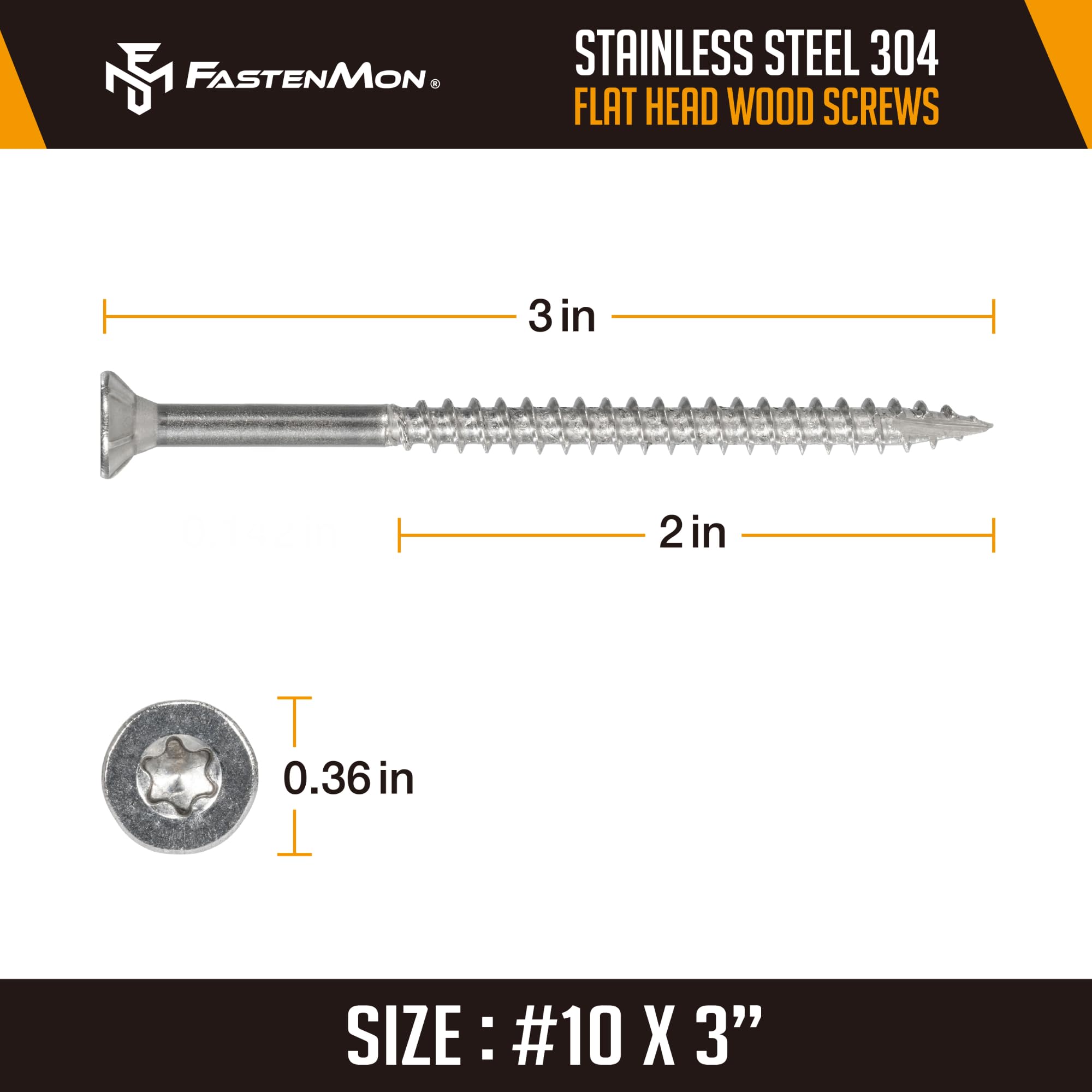 Fastenmon - Tornillos de cubierta de 10 x 3 pulgadas, 300 piezas de 4.5 libras de acero inoxidable 304 Torx de cabeza plana, tornillos exteriores para madera, una broca T 25 incluida