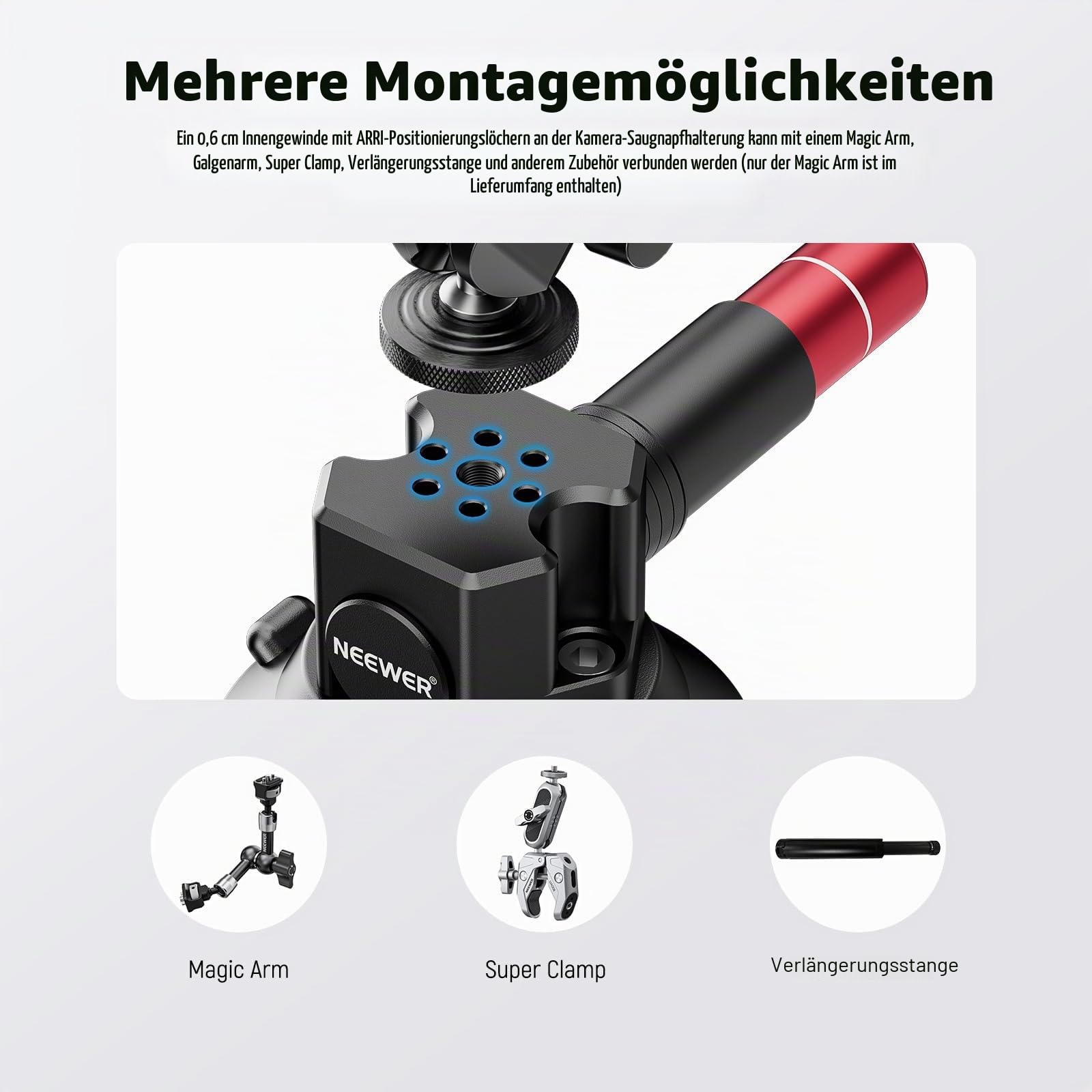 NEEWER 3" Kamera Halterung mit Saugnapf, Magic Arm mit Kugelkopf kompatibel mit ARRI 1/4" Löchern, Auto Halterung mit Handyhalter und Action Cam Adapter kompatibel mit iPhone GoPro DJI Insta360, CA104