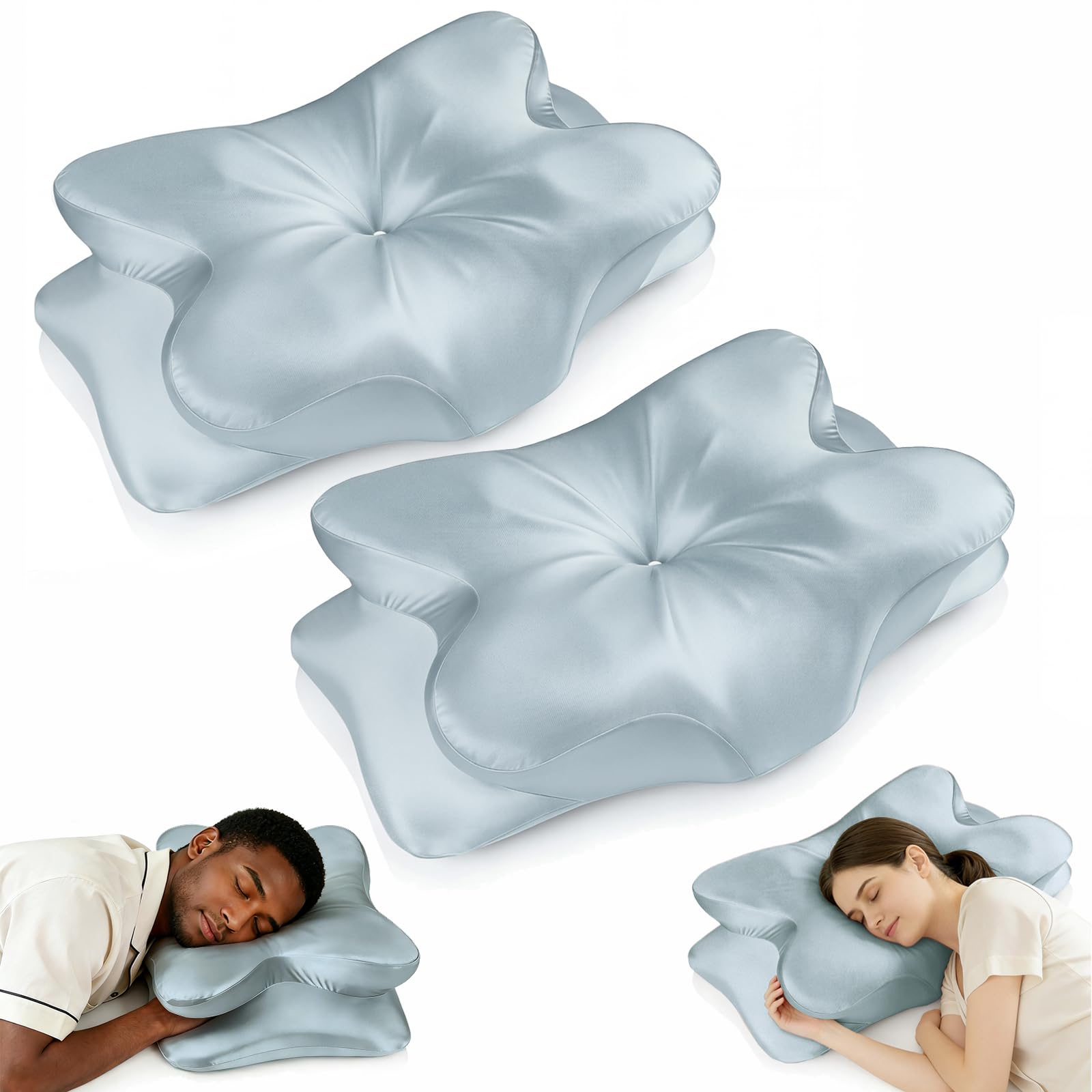 2-Pack Cervical Neck Pillow for for Neck Support,Ergonomic Memory Foam Contour Pillow with Wrinkle-Resistant Silky Satin Fabric Cover,Orthopedic Bed Pillow for Side,Back,Stomach Sleepers,Blu